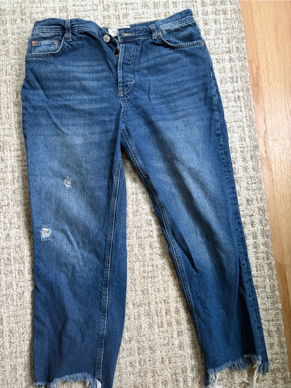 Free People Women's Cropped Jeans in Dark Blue with Distressed Detail